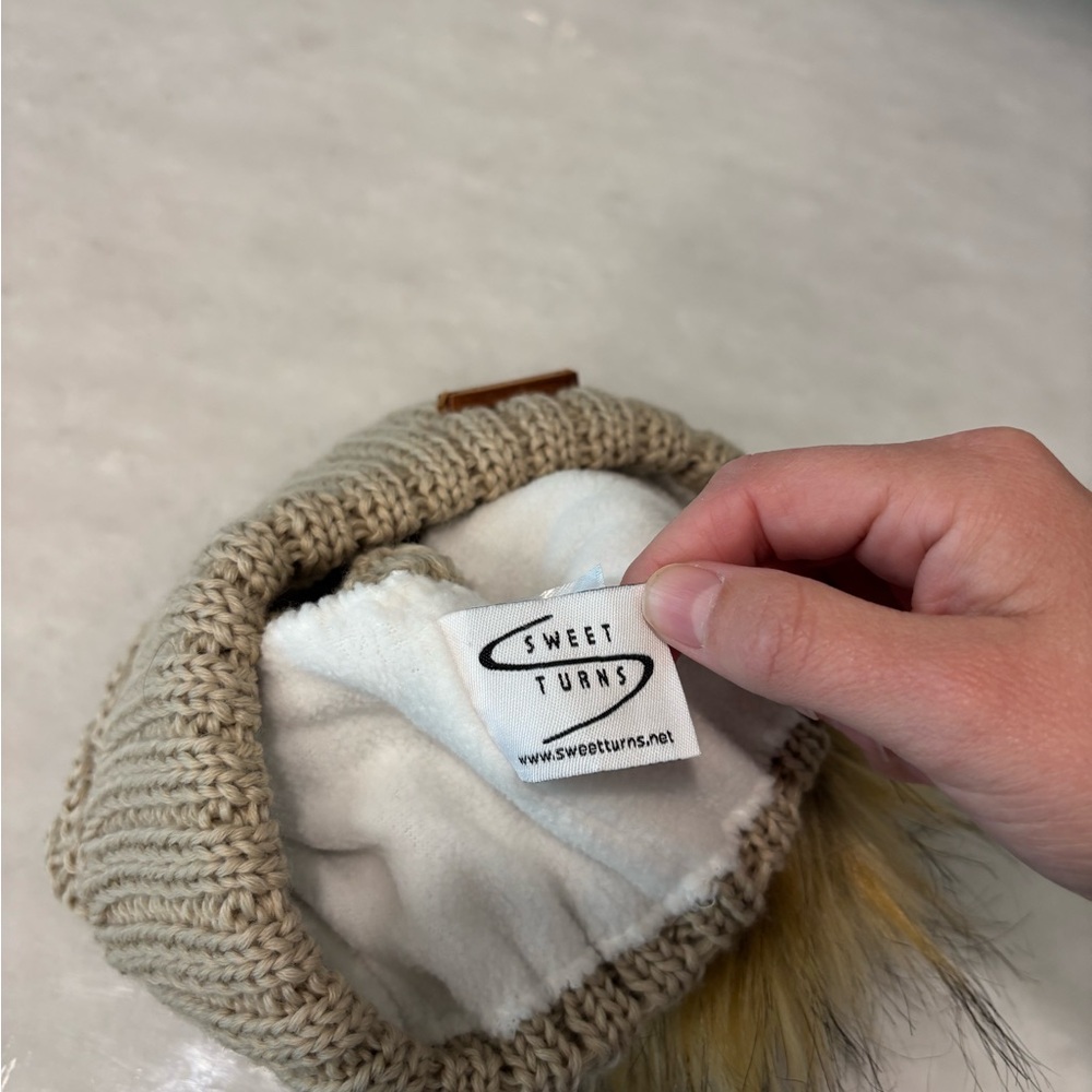 Sweet Turns Beige Knit Beanie with Pom Pom - Picture 3 of 5